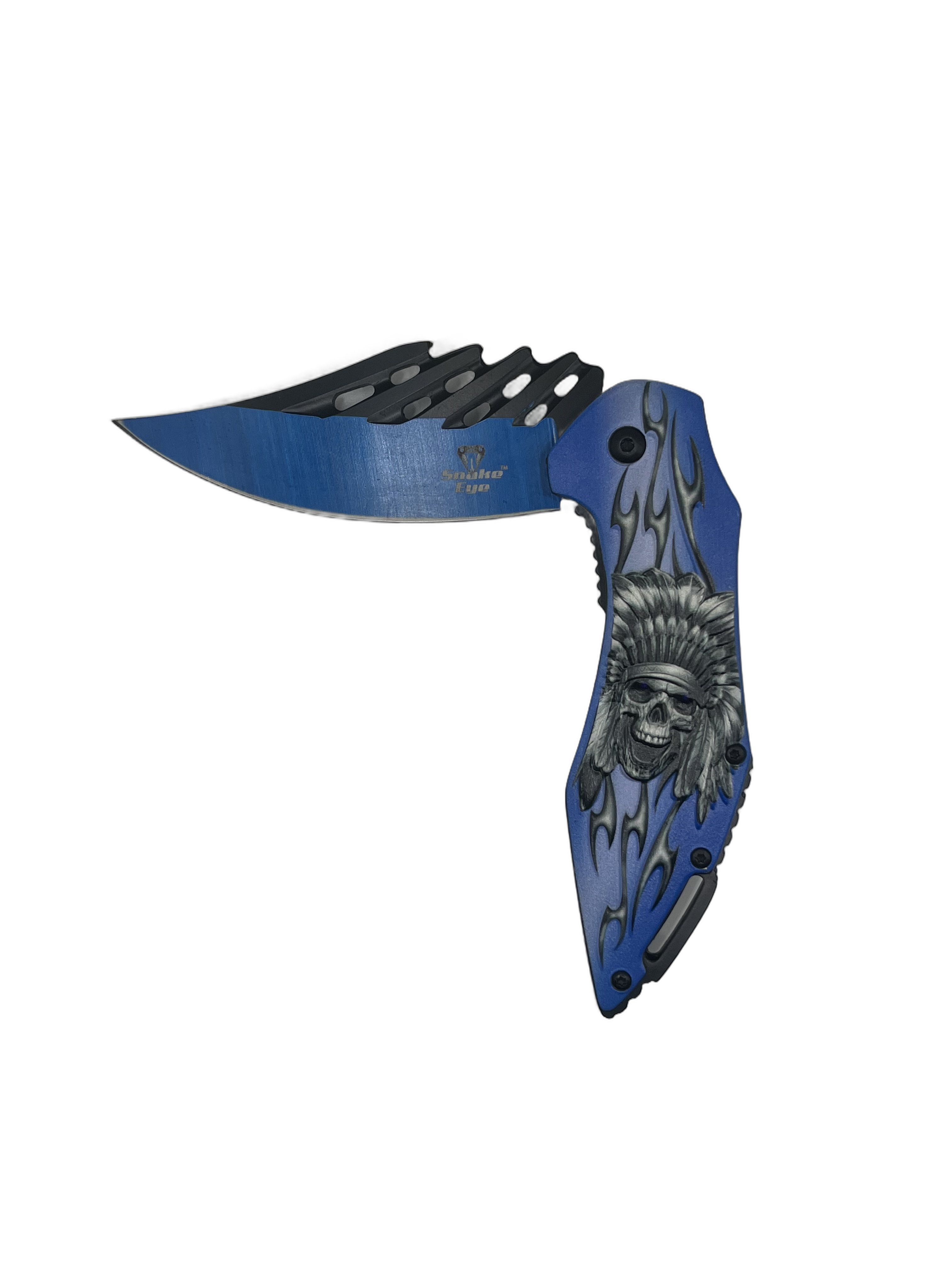 SNAKE EYE KNIFE NATIVE SKULL HEAD BLACK BLADE/BLUE