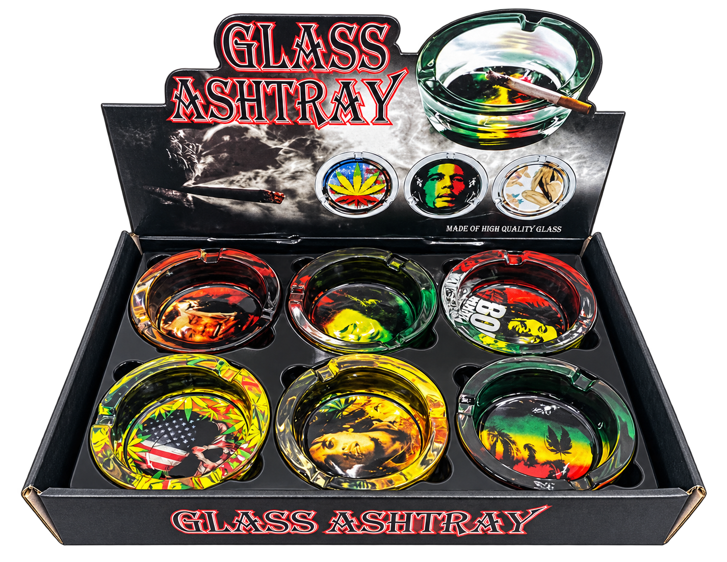 GLASS ASHTRAY BOB MARLEY 6 CT