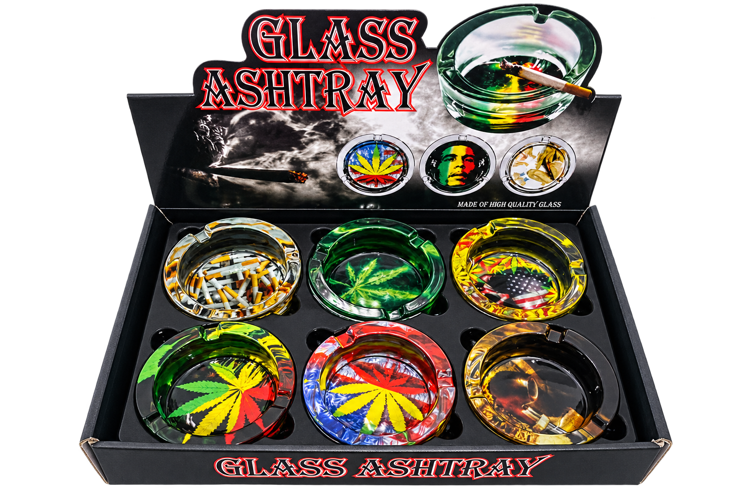 GLASS ASHTRAY WEED DESIGN 6 CT