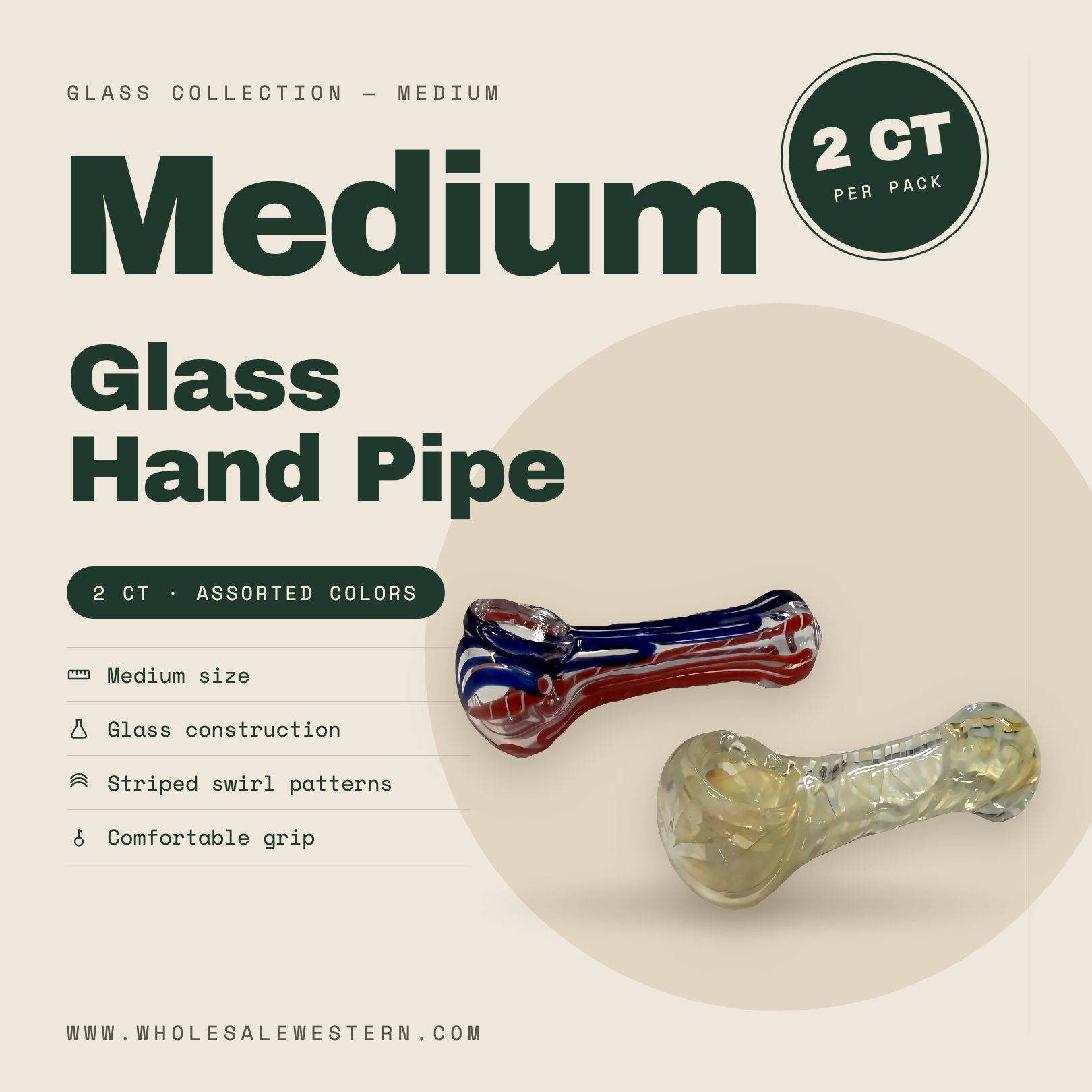 Glass Hand Pipe 3" - Medium 2ct