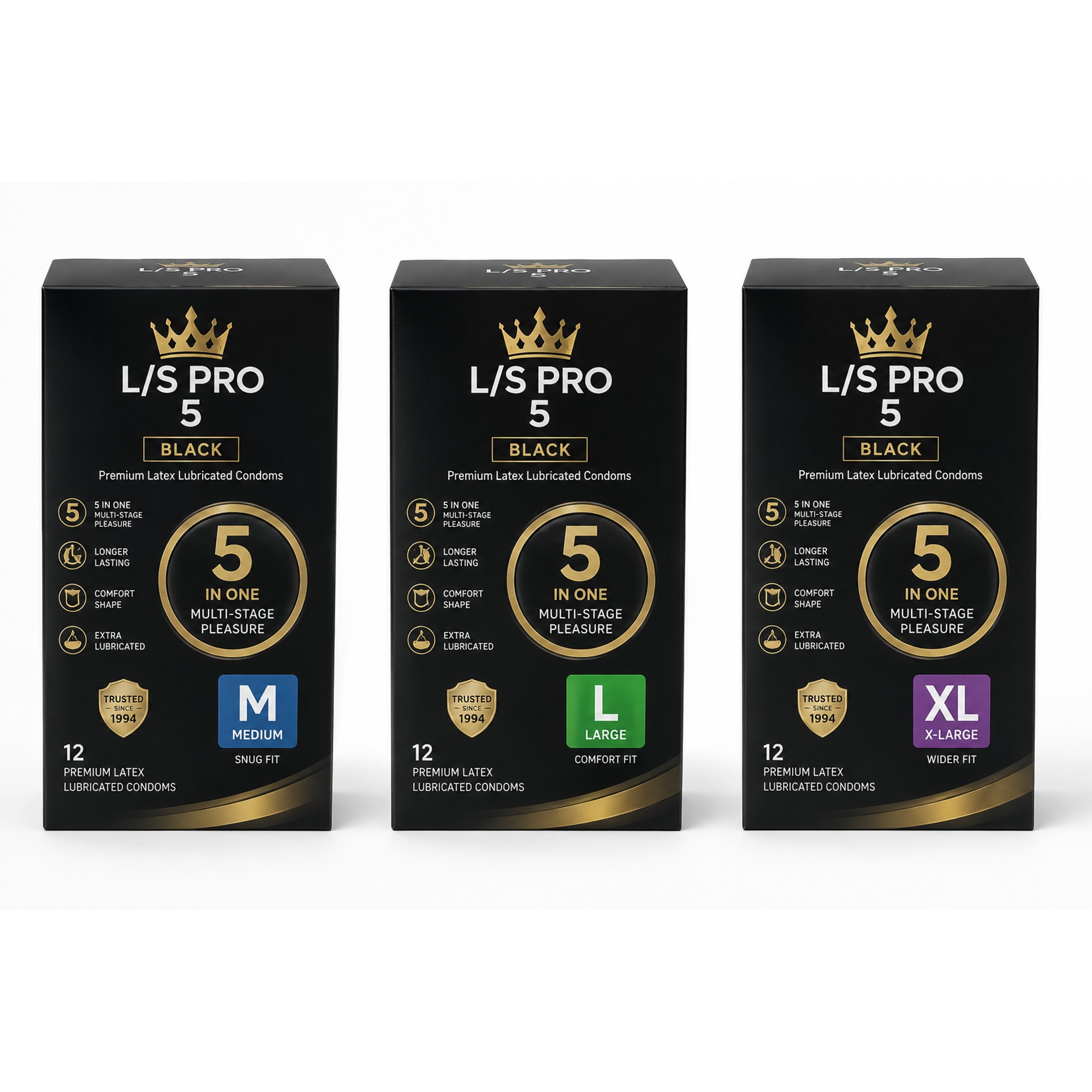 L/S PRO 5 BLACK CONDOMS M,L,XL